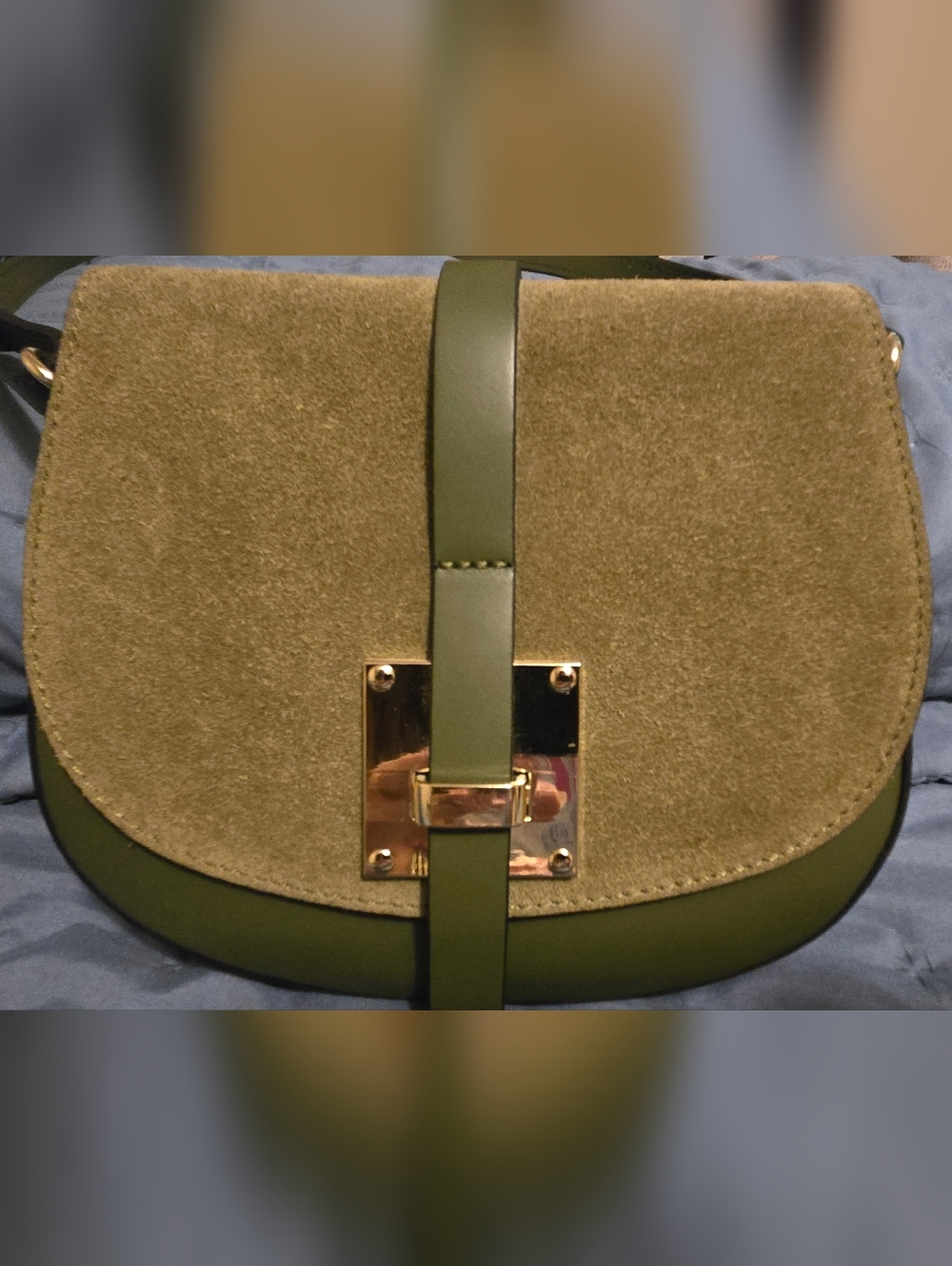 Olive Green Leather And Suede Crossbody Shoulder Bag